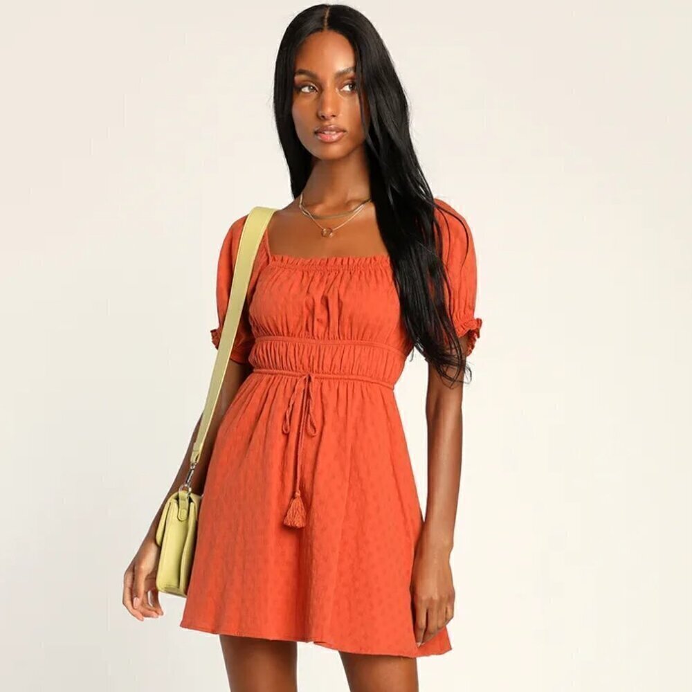 Lulus Sweetest Sentiments Textured Puff Sleeve Mini Dress, Orange, Size XL